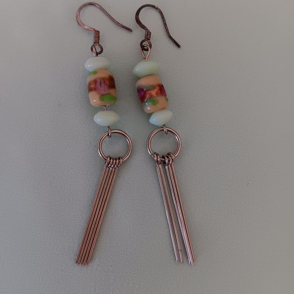 Handmade~Metallic Tan Pale Blue Beaded Silver Dangle Earrings NWOT - Picture 7 of 11